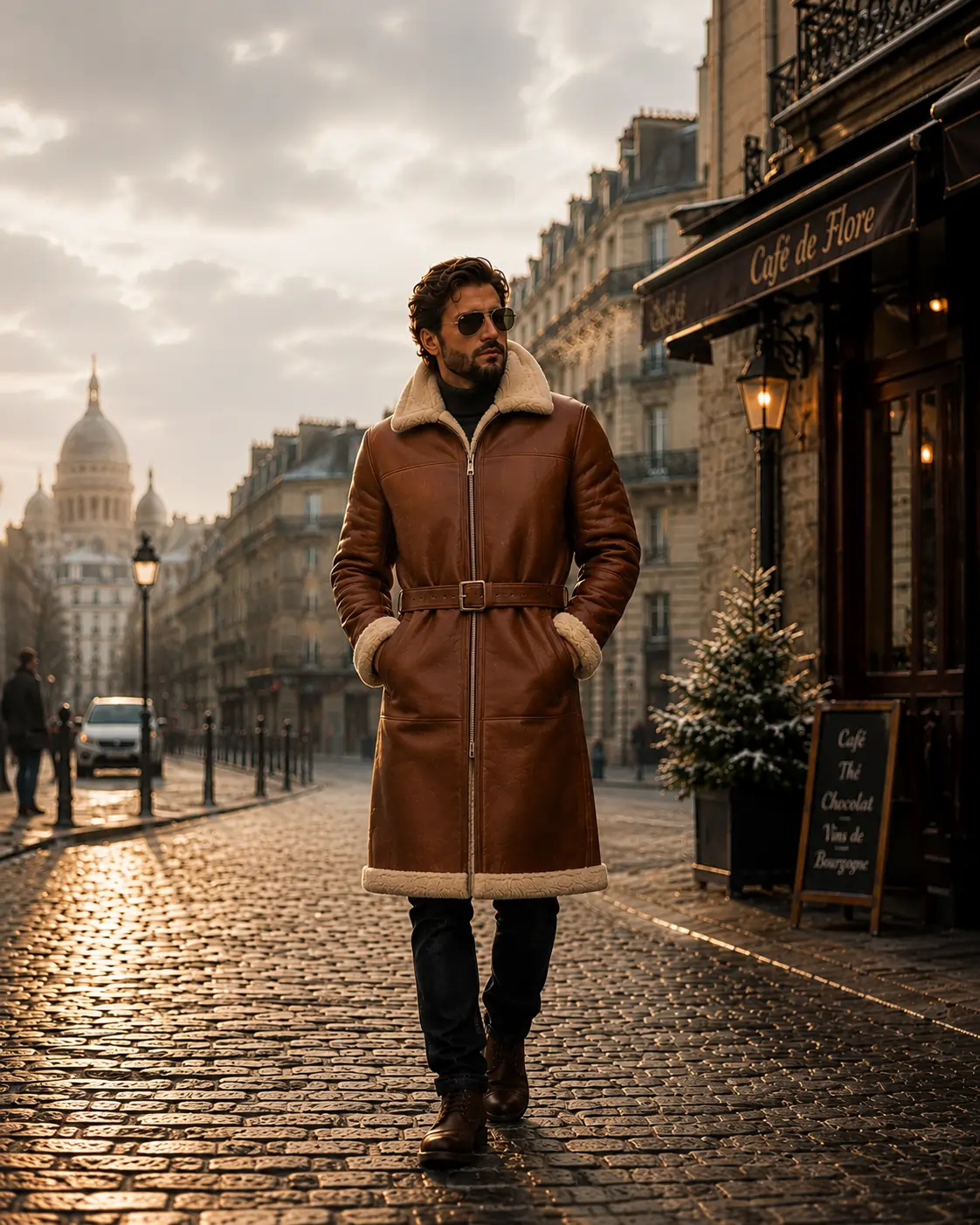 Shearling coat zipped and belted for a cleaner winter silhouette